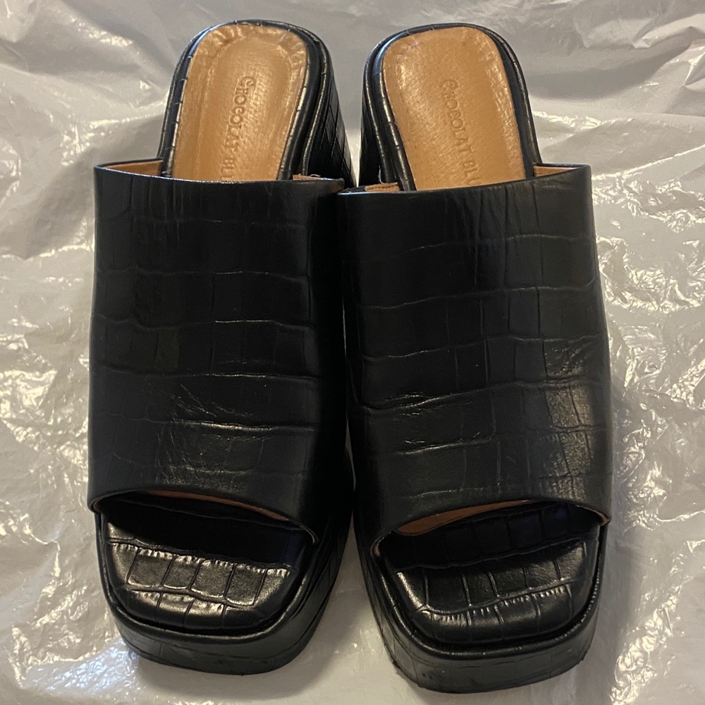 Chocolat Blu Black Croc-Embossed Mules